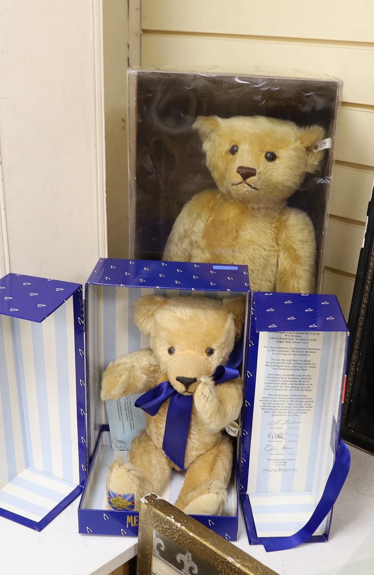 A Steiff 1907 replica teddy bear (boxed) and a Merrythought Diamond Jubilee teddy bear (boxed)